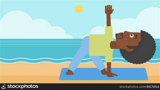 An african-american man meditating in yoga triangle pose on the beach vector flat design illustration. Horizontal layout.. Man practicing yoga.