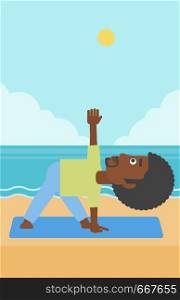 An african-american man meditating in yoga triangle pose on the beach vector flat design illustration. Vertical layout.. Man practicing yoga.