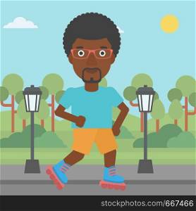 An african-american man on the roller-skates in the park vector flat design illustration. Square layout.. Sporty man on roller-skates.