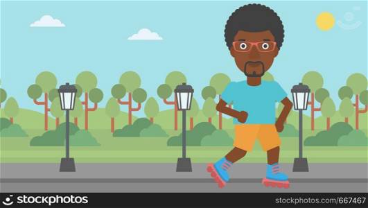 An african-american man on the roller-skates in the park vector flat design illustration. Horizontal layout.. Sporty man on roller-skates.