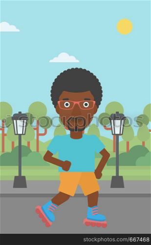 An african-american man on the roller-skates in the park vector flat design illustration. Vertical layout.. Sporty man on roller-skates.