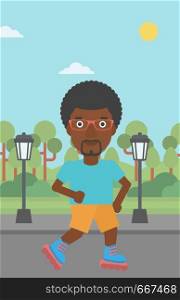 An african-american man on the roller-skates in the park vector flat design illustration. Vertical layout.. Sporty man on roller-skates.