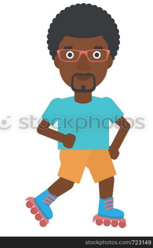 An african-american man on the roller-skates vector flat design illustration isolated on white background.. Sporty man on roller-skates.
