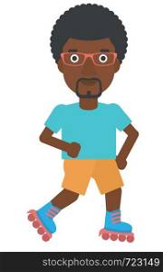 An african-american man on the roller-skates vector flat design illustration isolated on white background.. Sporty man on roller-skates.