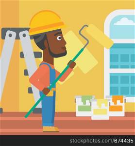 An african-american man painting walls with a paint roller vector flat design illustration. Square layout.. Painter with paint roller.