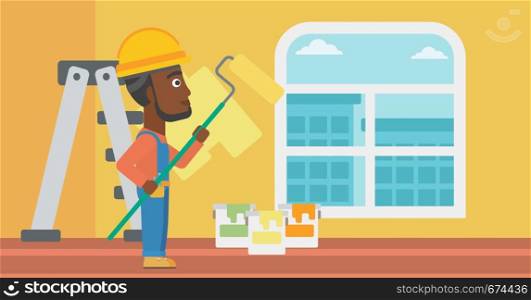 An african-american man painting walls with a paint roller vector flat design illustration. Horizontal layout.. Painter with paint roller.