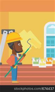 An african-american man painting walls with a paint roller vector flat design illustration. Vertical layout.. Painter with paint roller.