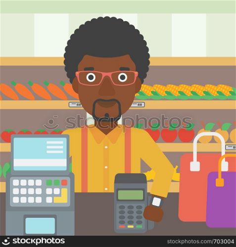 An african-american man paying wireless with his smart watch at the supermarket. Male customer making payment for purchase with smart watch. Vector flat design illustration. Square layout.. Man paying wireless with smart watch.