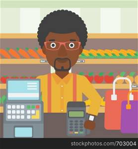 An african-american man paying wireless with his smart watch at the supermarket. Male customer making payment for purchase with smart watch. Vector flat design illustration. Square layout.. Man paying wireless with smart watch.