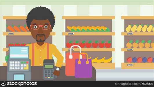 An african-american man paying wireless with his smart watch at the supermarket. Male customer making payment for purchase with smart watch. Vector flat design illustration. Horizontal layout.. Man paying wireless with smart watch.
