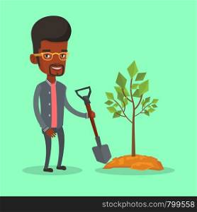 An african-american man plants a tree. Cheerful man standing with shovel near newly planted tree. Young man gardening. Environmental protection concept. Vector flat design illustration. Square layout.. Man plants tree vector illustration.