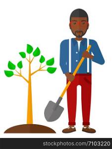 An african-american man plants a tree vector flat design illustration isolated on white background. . Man plants tree.