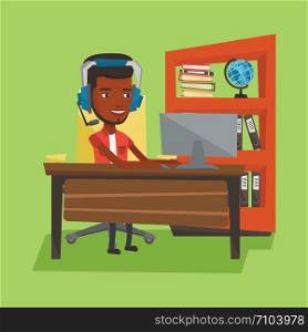 An african-american man playing computer games. Young happy man using computer for playing games. Cheerful man in headphones playing online games. Vector flat design illustration. Square layout.. Business man with headset working at office.