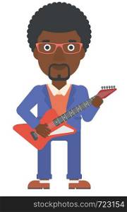 An african-american man playing electric guitar vector flat design illustration isolated on white background.. Musician playing electric guitar.