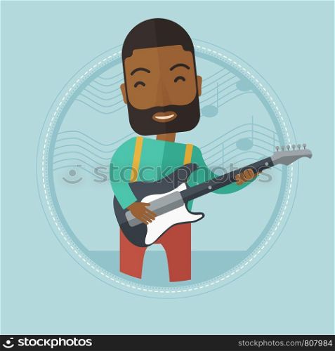 An african-american man playing electric guitar. Young musician practicing in playing guitar. Cheerful guitarist playing music. Vector flat design illustration in the circle isolated on background.. Musician playing electric guitar.