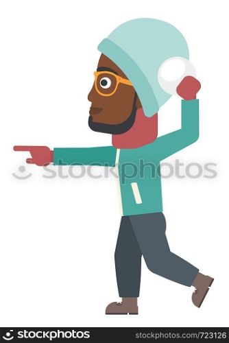 An african-american man playing in snowballs vector flat design illustration isolated on white background.. Man playing in snowballs.