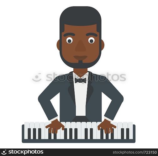 An african-american man playing piano vector flat design illustration isolated on white background.. Man playing piano.