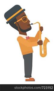 An african-american man playing saxophone vector flat design illustration isolated on white background.. Man playing saxophone.