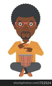 An african-american man playing tomtom vector flat design illustration isolated on white background.. Man playing tomtom.