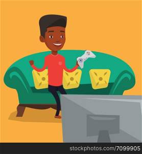 An african-american man playing video game. Excited man with console in hands playing video game at home. Man celebrating his victory in video game. Vector flat design illustration. Square layout.. Man playing video game vector illustration.