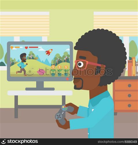 An african-american man playing video game with gamepad in hands in living room vector flat design illustration. Square layout.. Man playing video game.