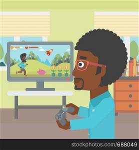 An african-american man playing video game with gamepad in hands in living room vector flat design illustration. Square layout.. Man playing video game.