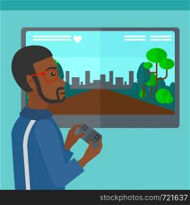 An african-american man playing video game with gamepad in hands vector flat design illustration. Square layout.. Man playing video game.