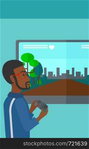 An african-american man playing video game with gamepad in hands vector flat design illustration. Vertical layout.. Man playing video game.