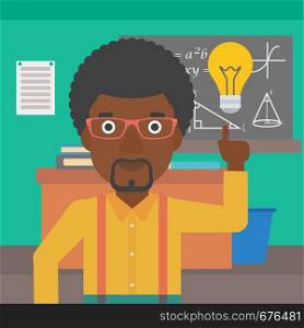 An african-american man pointing a finger at the light bulb on the background of classroom vector flat design illustration. Square layout.. Man pointing at light bulb.
