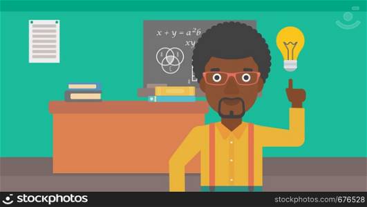 An african-american man pointing a finger at the light bulb on the background of classroom vector flat design illustration. Horizontal layout.. Man pointing at light bulb.