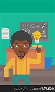 An african-american man pointing a finger at the light bulb on the background of classroom vector flat design illustration. Vertical layout.. Man pointing at light bulb.