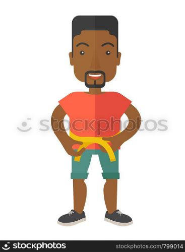 An african-american man practicing karate exercises vector flat design illustration isolated on white background. Sport concept. Vertical layout.. Karate fighter.
