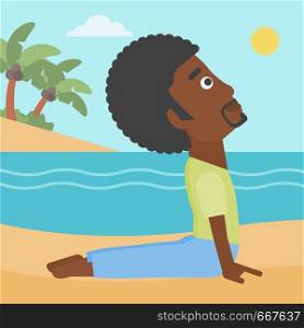 An african-american man practicing yoga upward dog pose on the beach vector flat design illustration. Square layout.. Man practicing yoga.