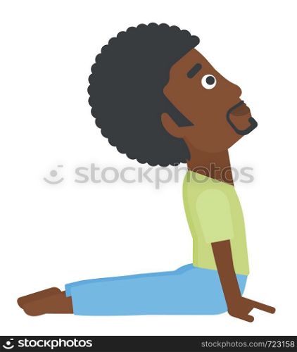 An african-american man practicing yoga upward dog pose vector flat design illustration isolated on white background.. Man practicing yoga.