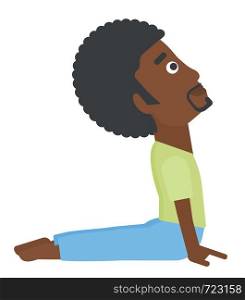 An african-american man practicing yoga upward dog pose vector flat design illustration isolated on white background.. Man practicing yoga.