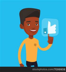 An african-american man pressing social button with thumb up. Young happy man pressing like button. Man pressing social network like button. Vector flat design illustration. Square layout.. Man pressing like button vector illustration.