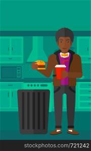 An african-american man putting junk food into a trash bin on a kitchen background vector flat design illustration. Vertical layout.. Man throwing junk food.