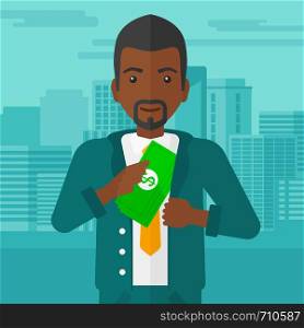 An african-american man putting money in his pocket on the background of modern city vector flat design illustration. Square layout.. Man putting money in pocket.
