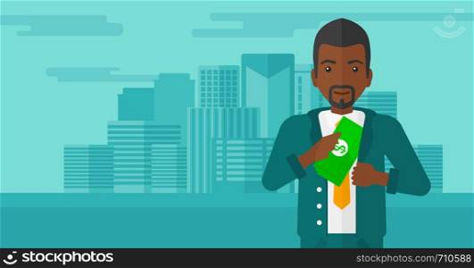 An african-american man putting money in his pocket on the background of modern city vector flat design illustration. Horizontal layout.. Man putting money in pocket.