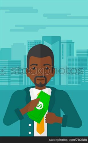 An african-american man putting money in his pocket on the background of modern city vector flat design illustration. Vertical layout.. Man putting money in pocket.