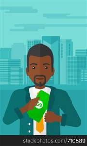 An african-american man putting money in his pocket on the background of modern city vector flat design illustration. Vertical layout.. Man putting money in pocket.