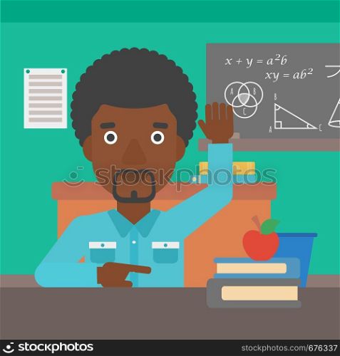 An african-american man raising his hand while sitting at the table on the background of classroom vector flat design illustration. Square layout.. Man raising his hand.