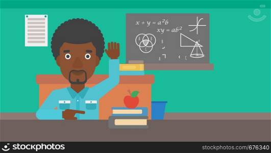 An african-american man raising his hand while sitting at the table on the background of classroom vector flat design illustration. Horizontal layout.. Man raising his hand.