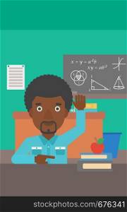 An african-american man raising his hand while sitting at the table on the background of classroom vector flat design illustration. Vertical layout.. Man raising his hand.