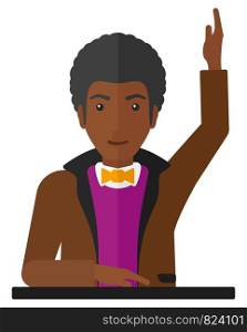 An african-american man raising his hand while sitting at the table vector flat design illustration isolated on white background. . Man raising his hand.