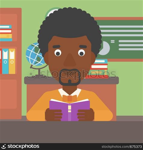 An african-american man reading a book on the background of classroom vector flat design illustration. Square layout.. Man reading book.
