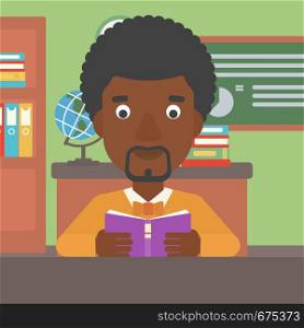 An african-american man reading a book on the background of classroom vector flat design illustration. Square layout.. Man reading book.