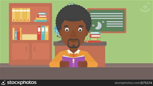 An african-american man reading a book on the background of classroom vector flat design illustration. Horizontal layout.. Man reading book.