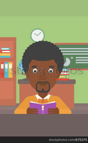 An african-american man reading a book on the background of classroom vector flat design illustration. Vertical layout.. Man reading book.