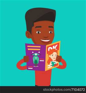 An african-american man reading a magazine. Young man standing with magazine in hands. Happy man reading good news in a magazine. Vector flat design illustration. Square layout.. Man reading magazine vector illustration.